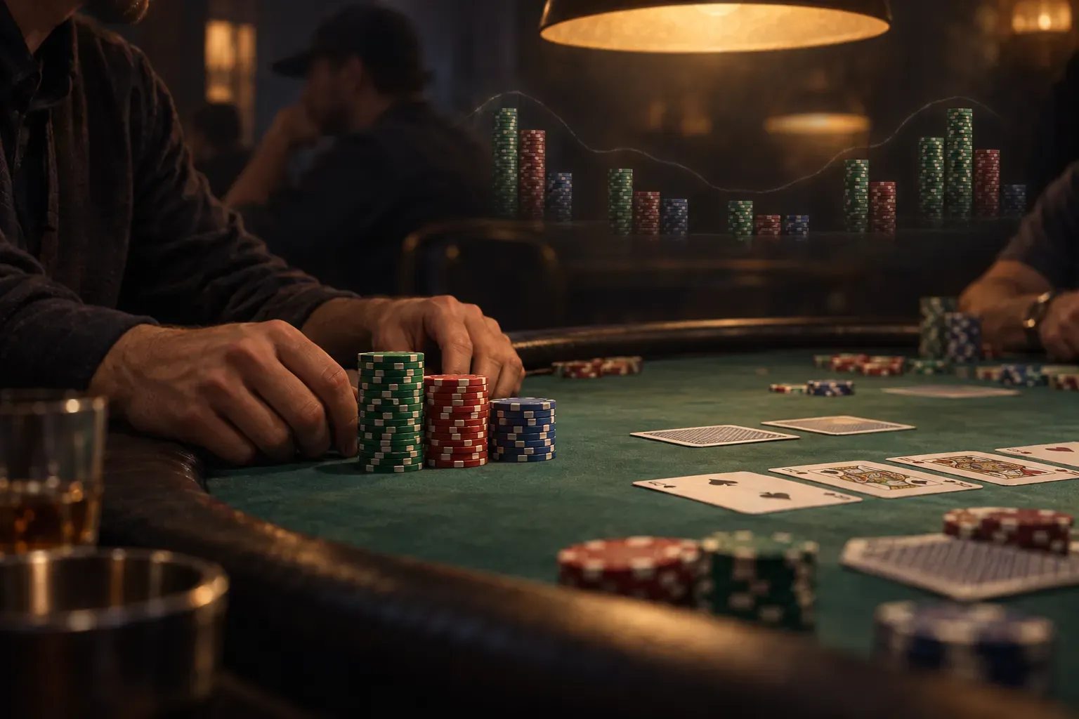 Poker player at a desk watching chips and cards climb a rising curve