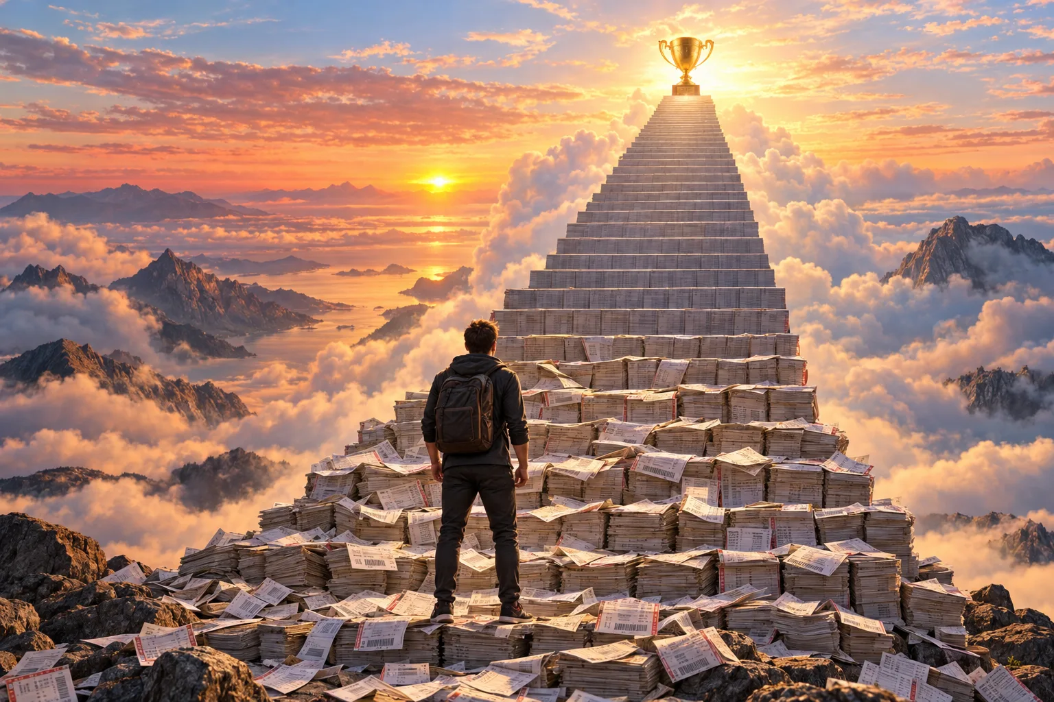 Bettor at the foot of a staircase of bet tickets climbing toward a trophy
