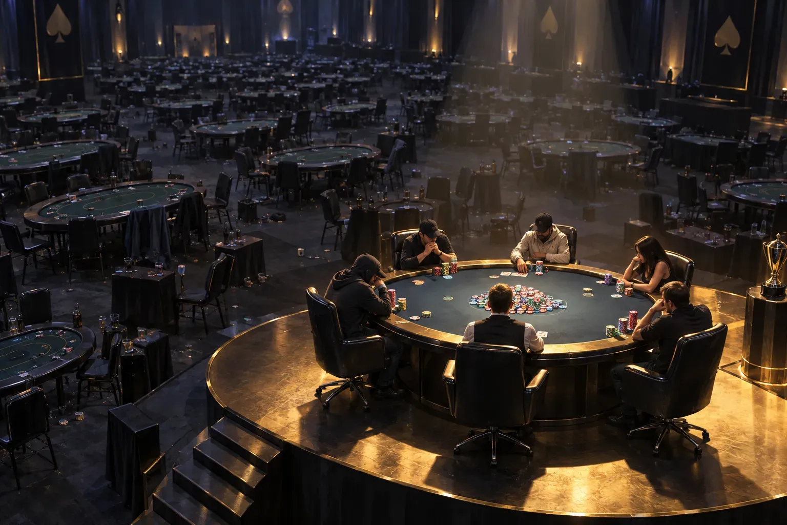 Poker player climbing a staircase of tournament chips toward a trophy
