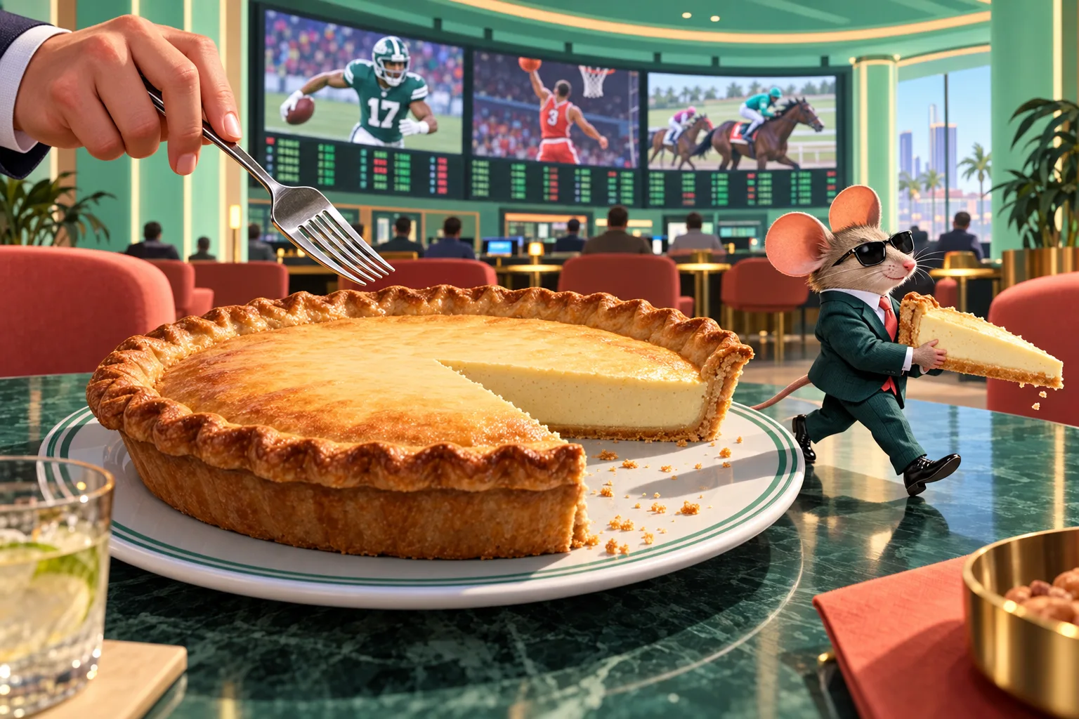 Mouse in a suit walking off with a slice of pie in a sportsbook lounge