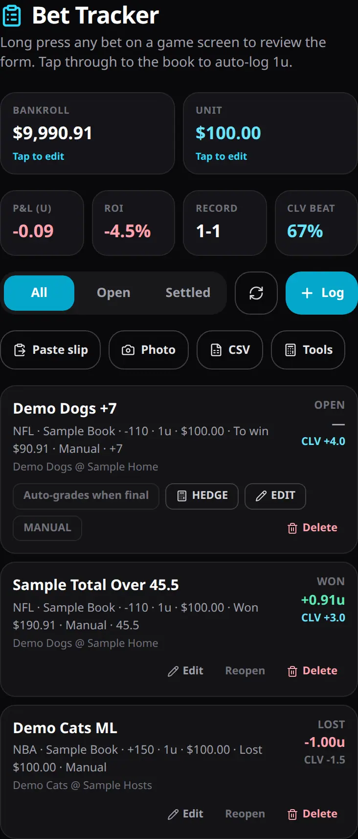 Demo bet log with sample bets, showing bankroll, unit size, profit in units, ROI, record, and closing line value.