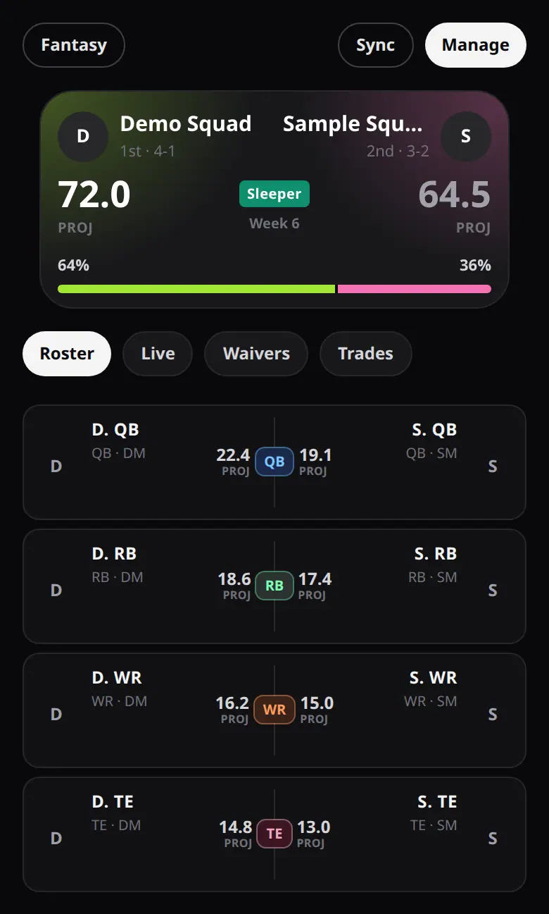 Demo fantasy matchup for a sample league, with projected scores and the Roster, Live, Waivers, and Trades tools.