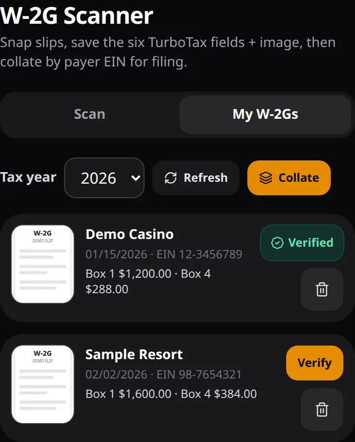 Demo W-2G archive for a sample casino, with Box 1, Box 4, the date, and a verified slip.